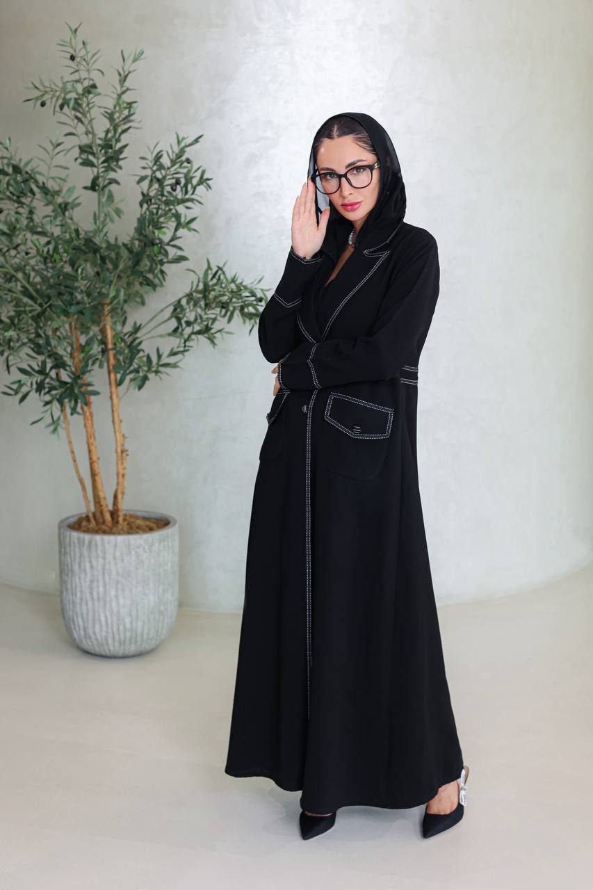 Crepe blazer abaya in black with embroidery.C:6667