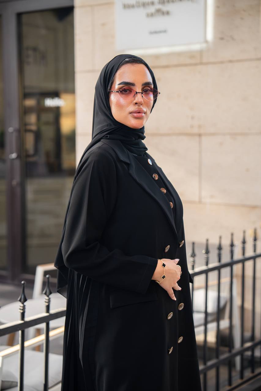 Black crepe blazer abaya with pleated cloche C:6680