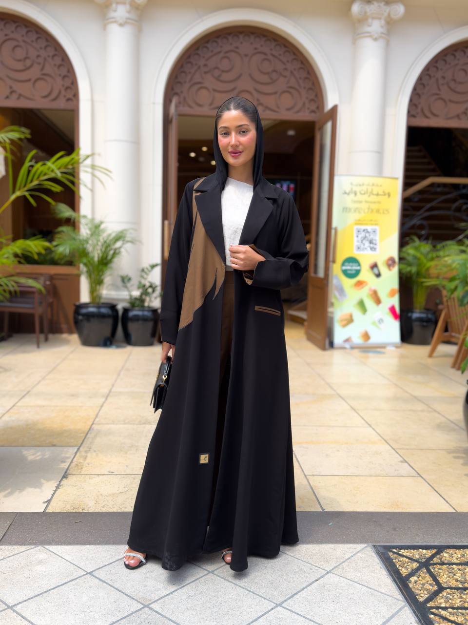 Black crepe blazer abaya with camel-colored details C:6682