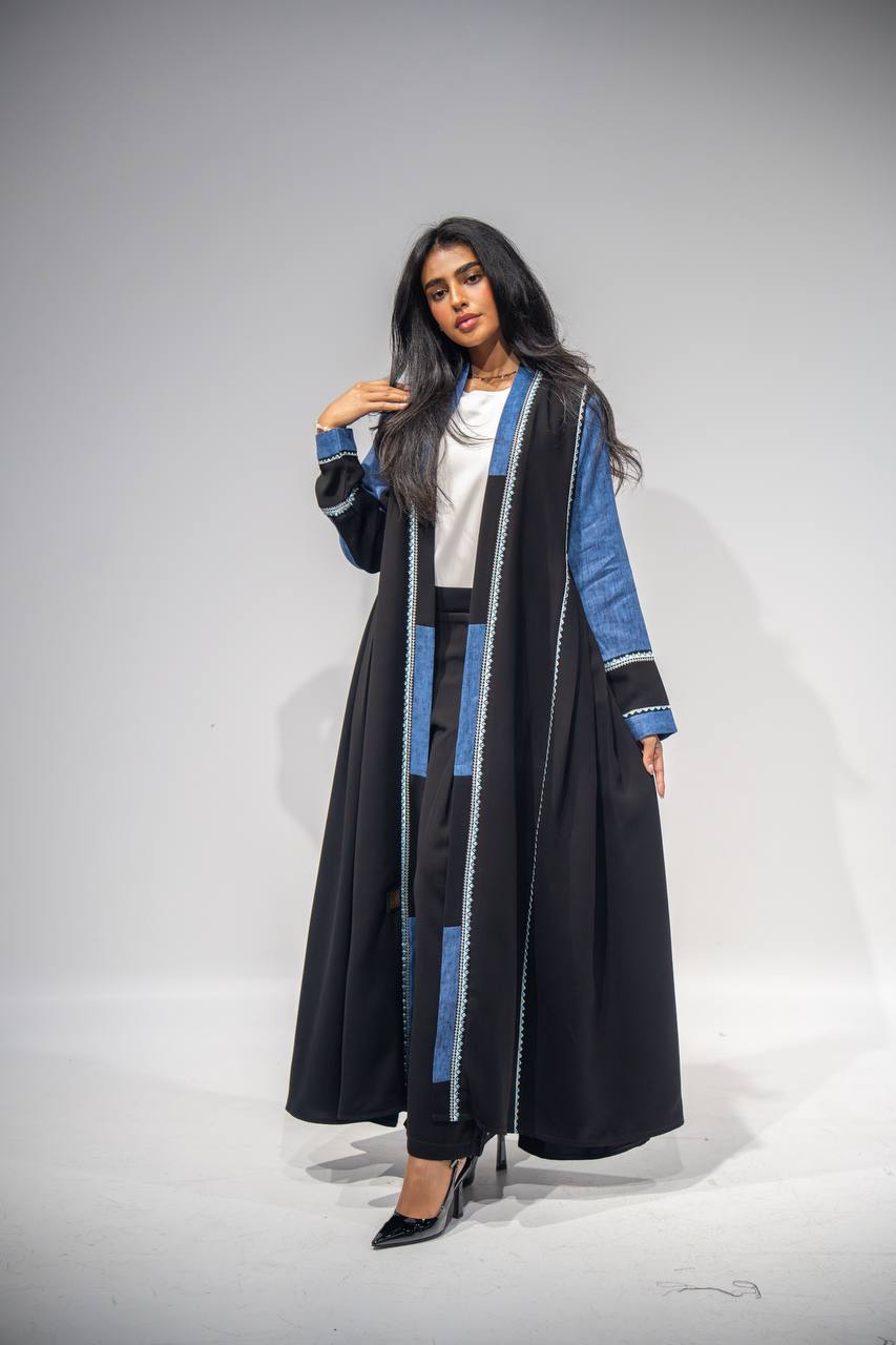Black crepe abaya with blue linen, with embroidery. C:6672