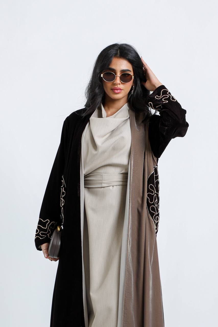 A velvet abaya in brown and beige with hand embroidery.C:6724