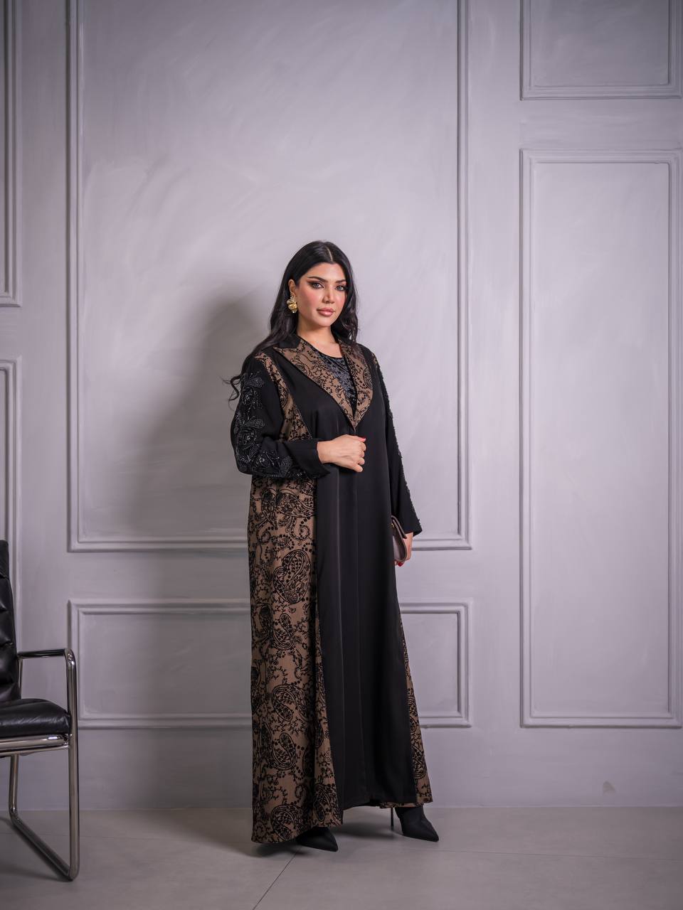 Plain black crepe blazer abaya with brown printed crepe. C:6733 Brown