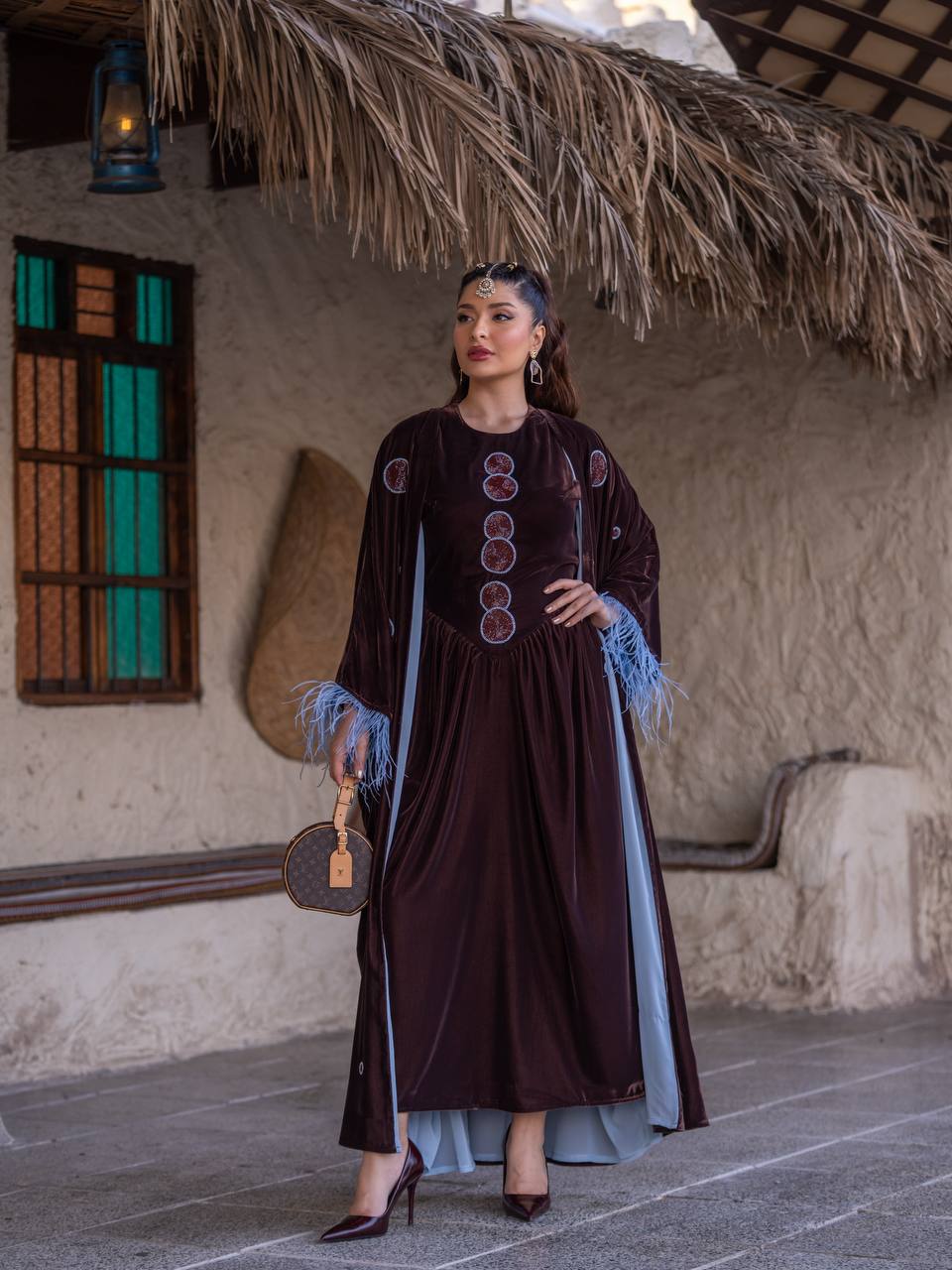 Bisht and dress set in brown velvet with hand embellishment.C:6718