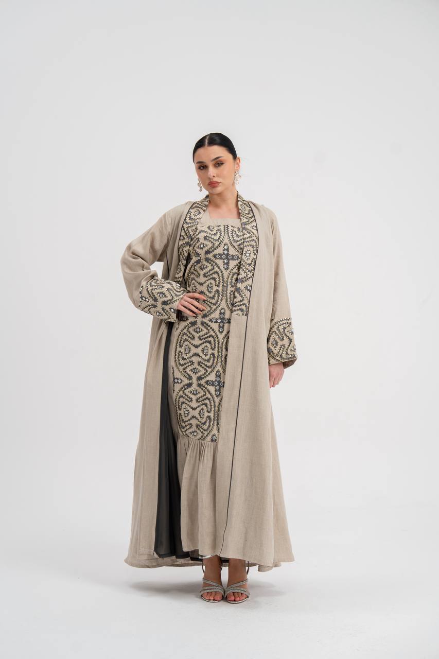 Linen abaya with beige embroidery (with inner set). C:6741