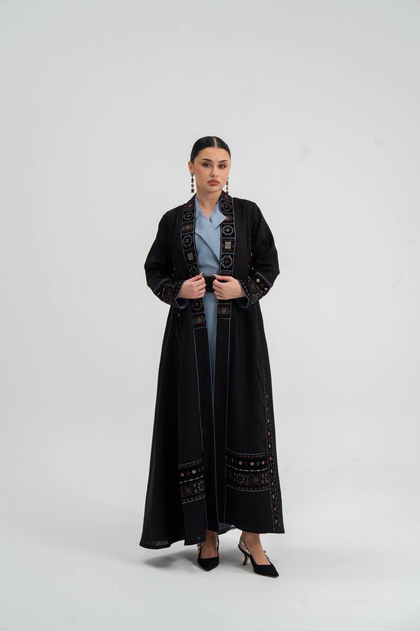 Linen abaya in black with embroidery.C:6746