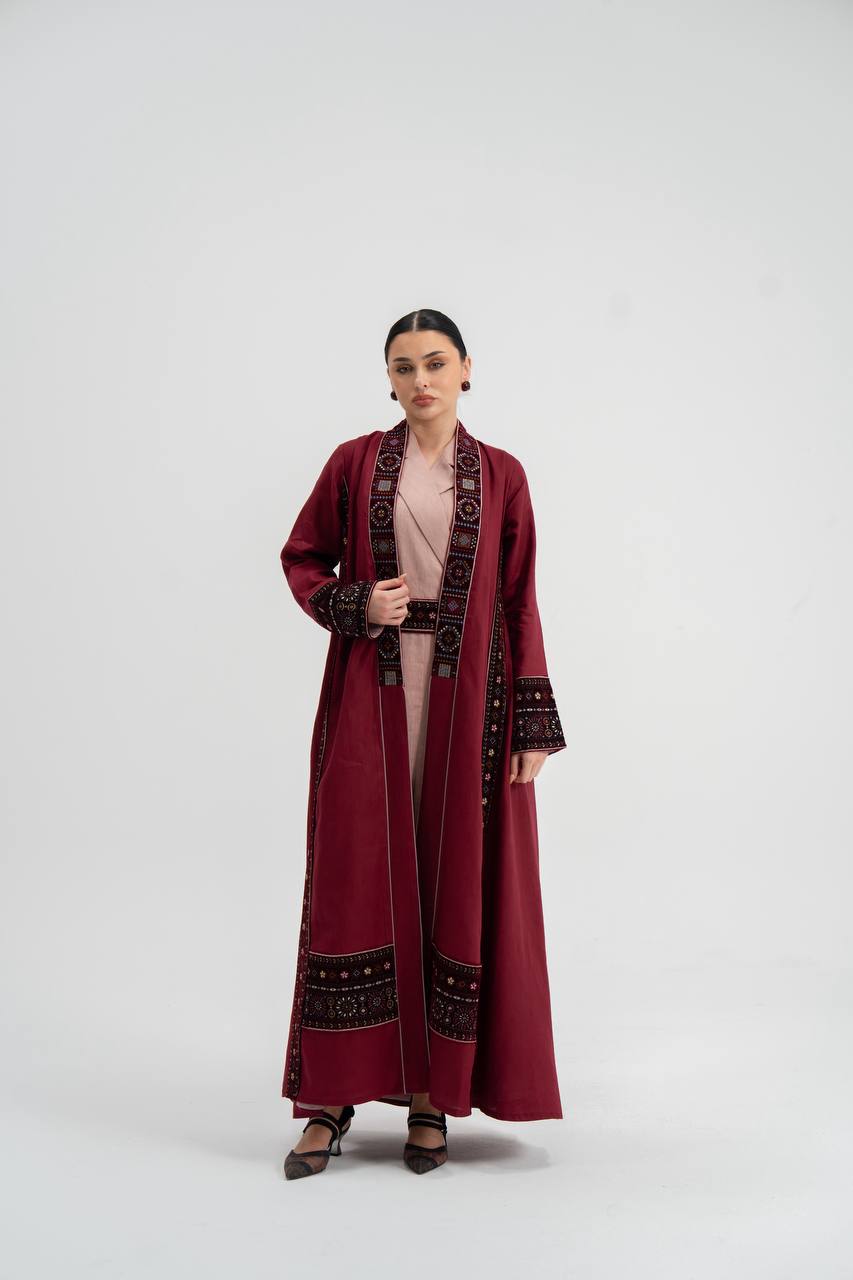Red linen abaya with embroidery. C:6746