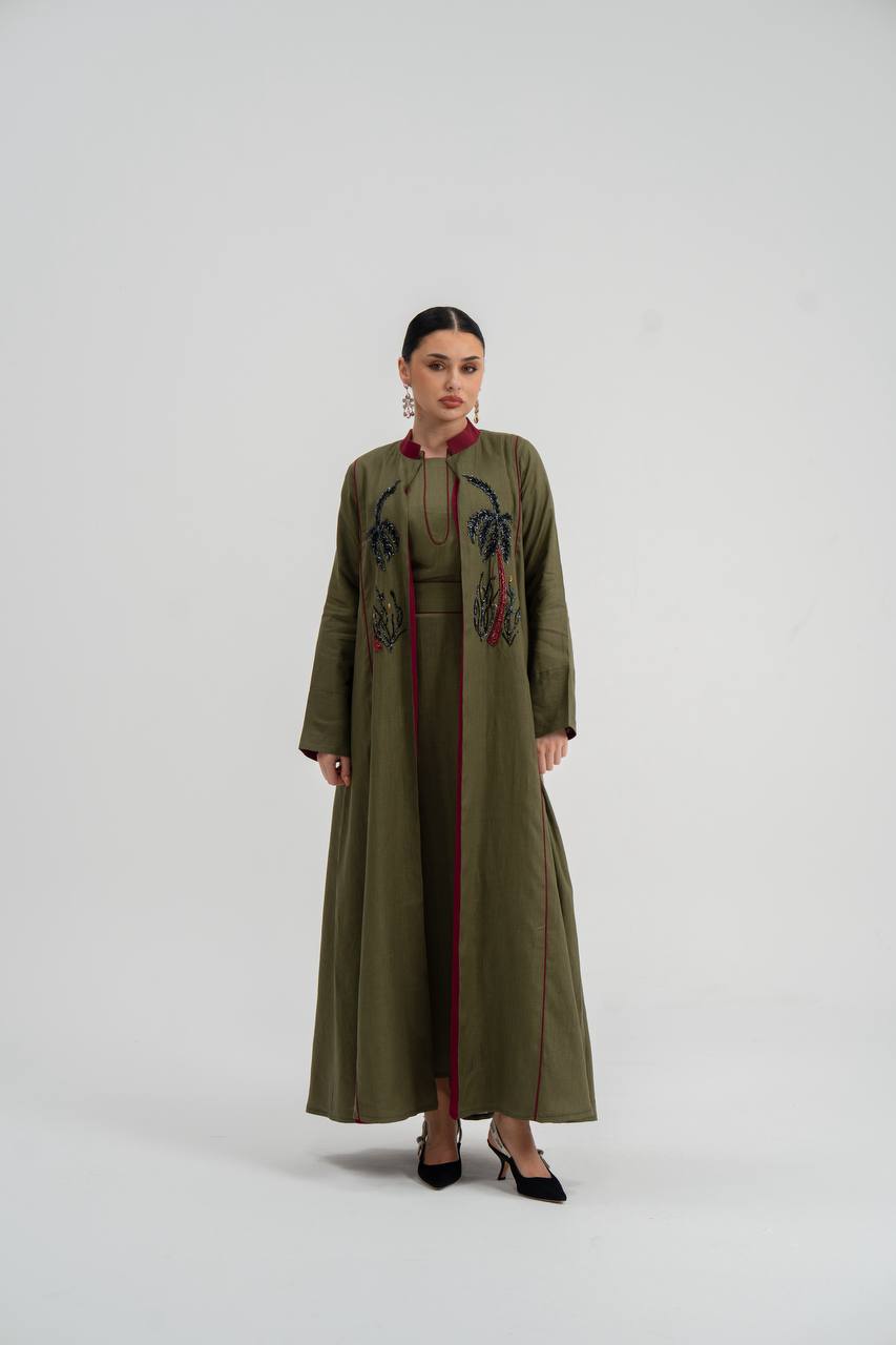 Linen abaya in olive green with hand embroidery (with inner set). C:6748
