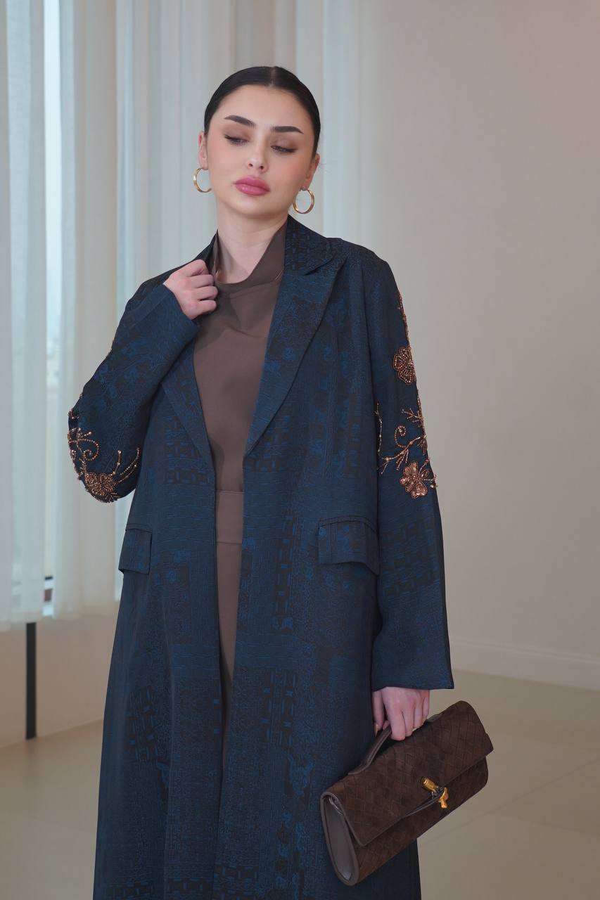 A navy blue jacquard silk blazer abaya with hand-stitched details.C:6754