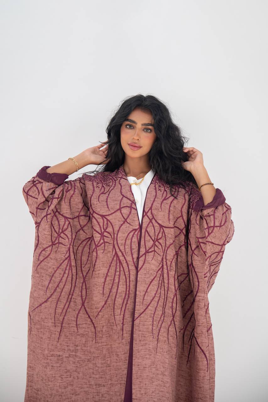 Flesh-colored linen bisht abaya with beading and embroidery C:6648