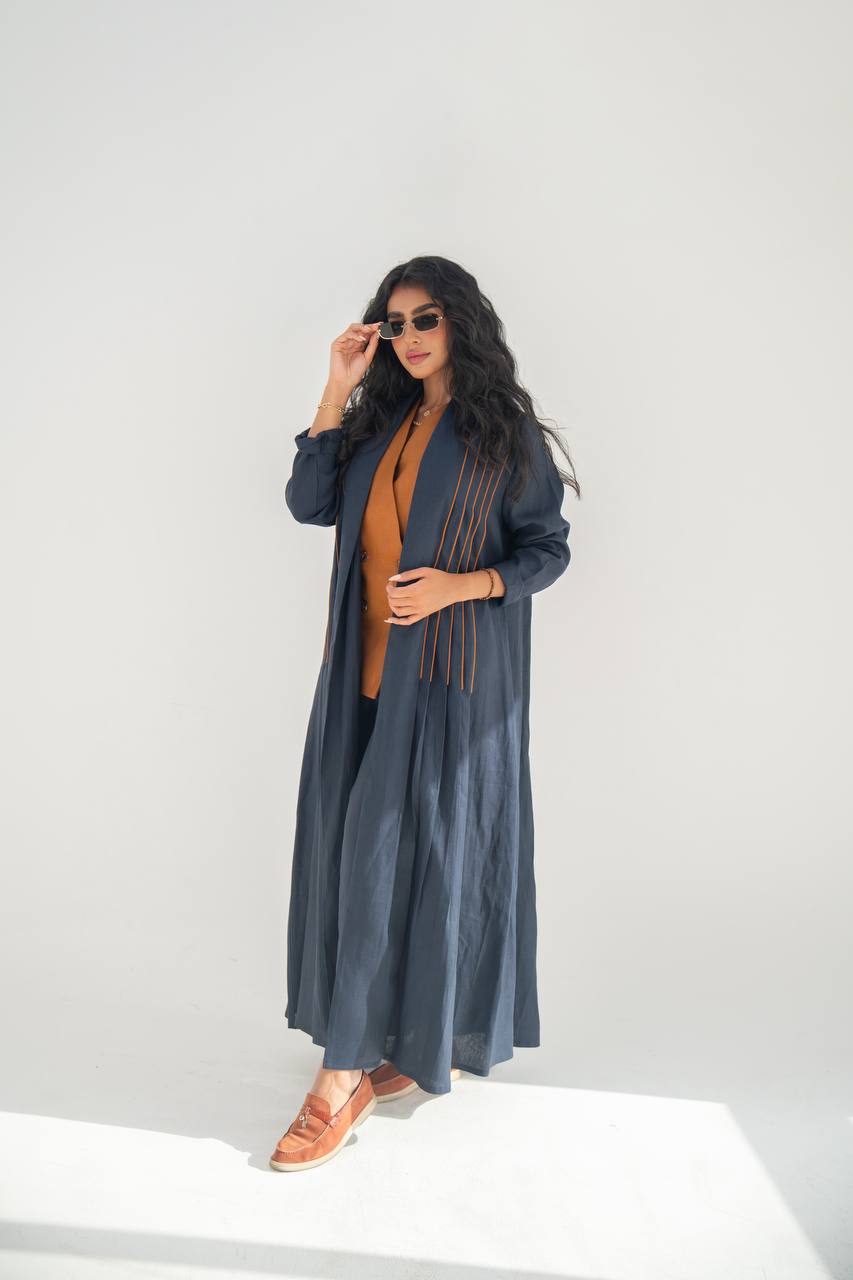 Navy blue linen abaya with inner set C:6637