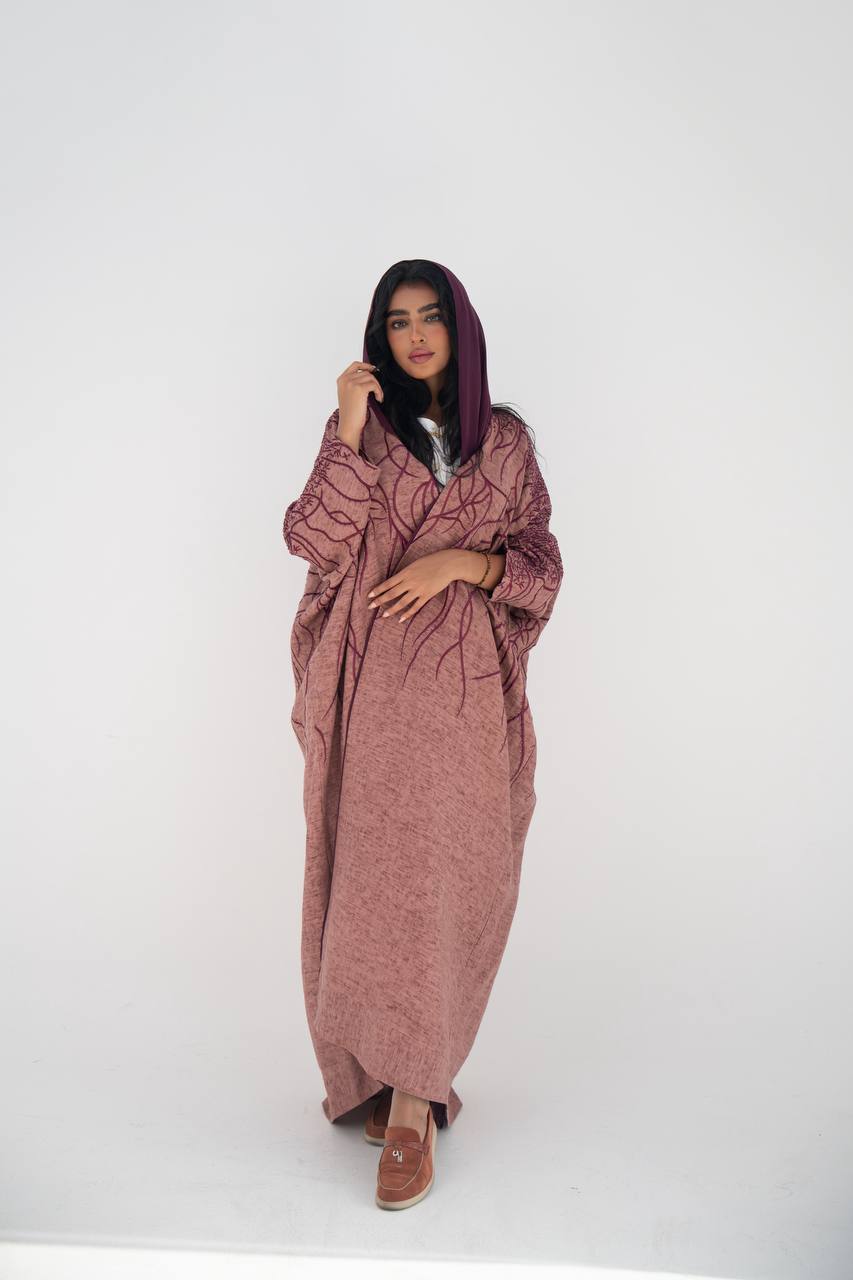 Flesh-colored linen bisht abaya with beading and embroidery C:6648