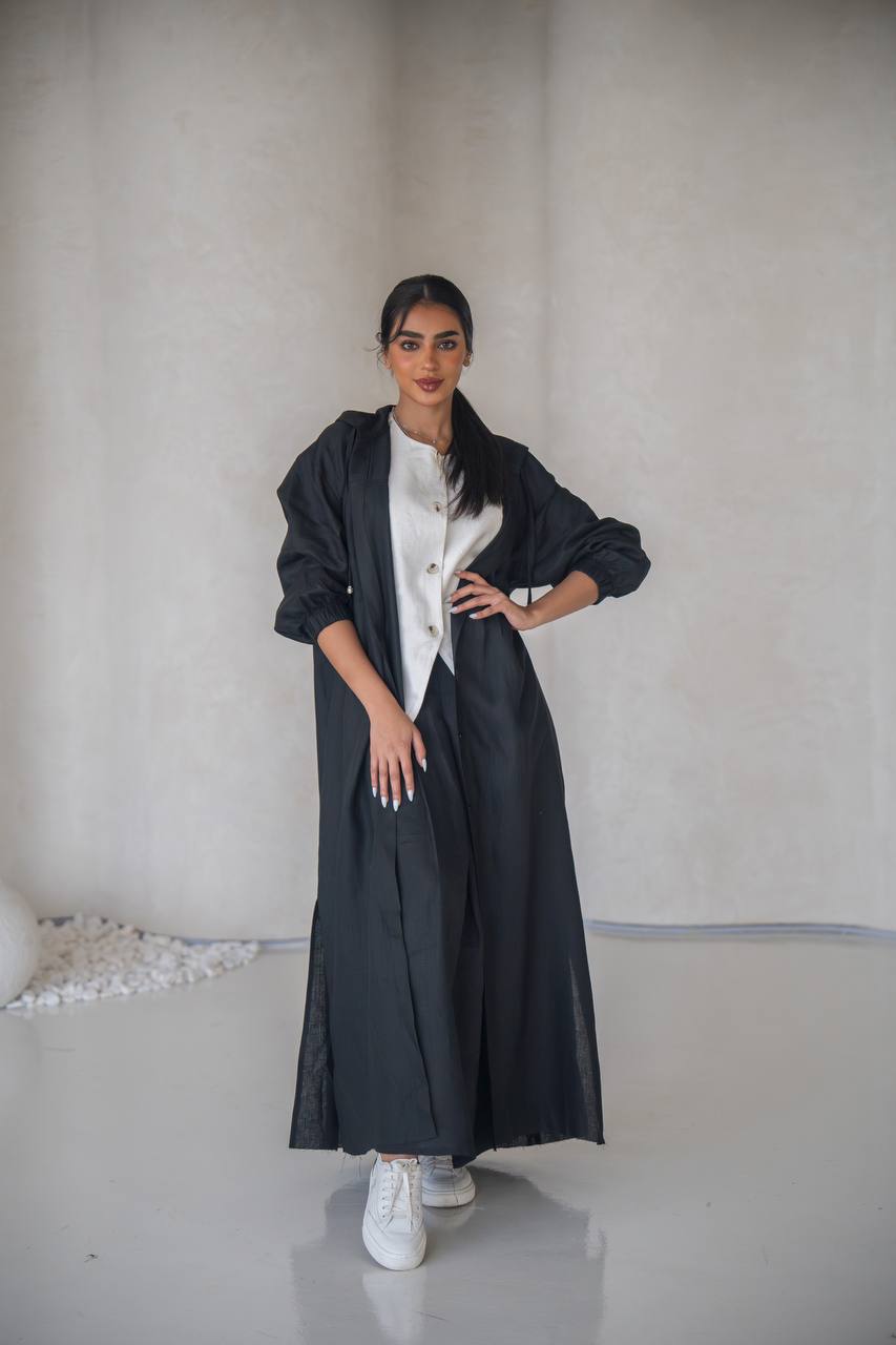 Black abaya with inner set, made of linen C:6634 Black