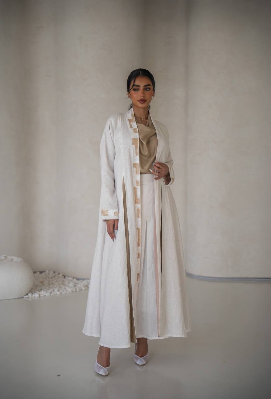 White linen abaya with inner set C:6640 White