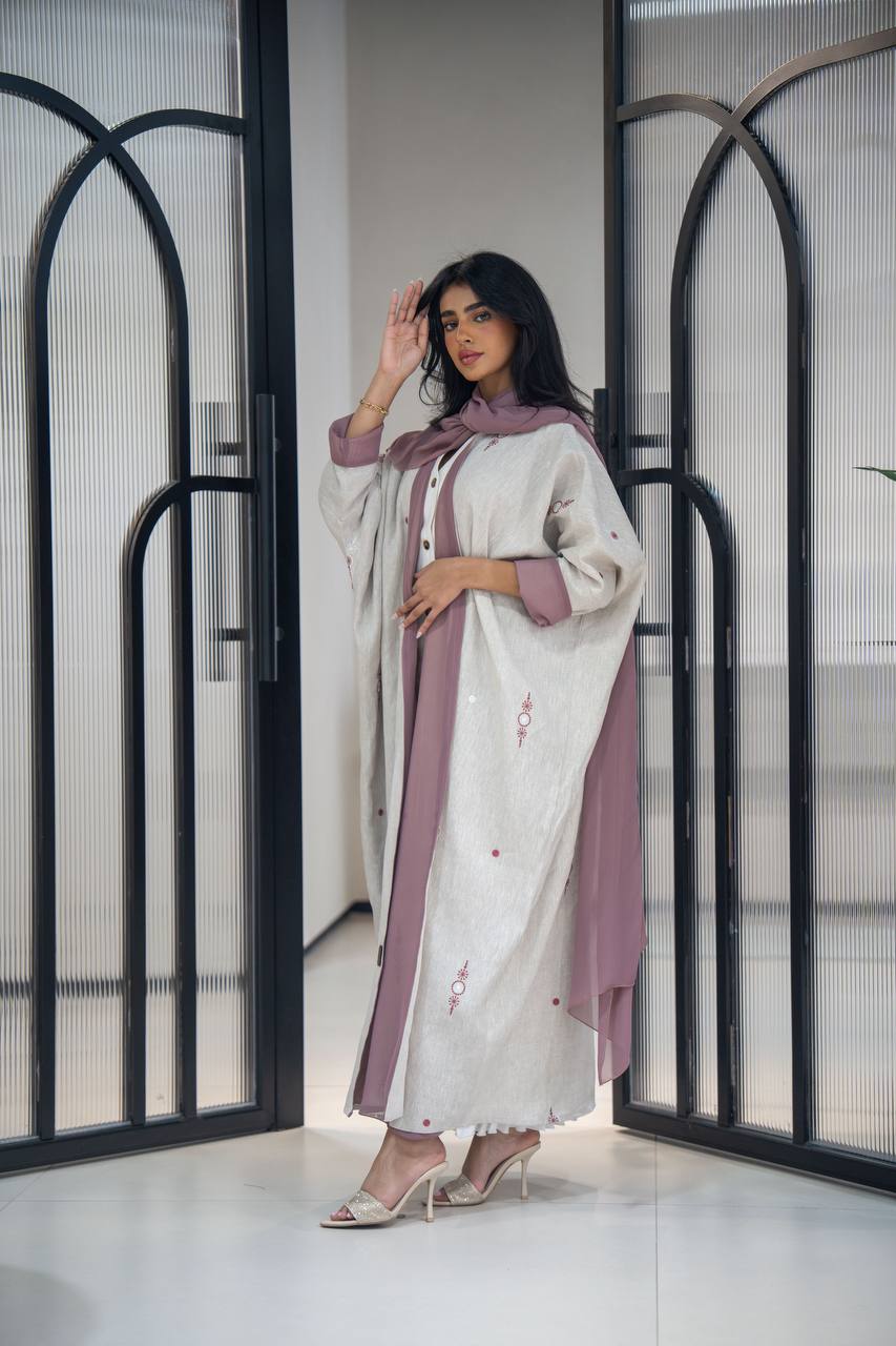 Light beige linen abaya with embroidery C:6622 Beige (Free size)