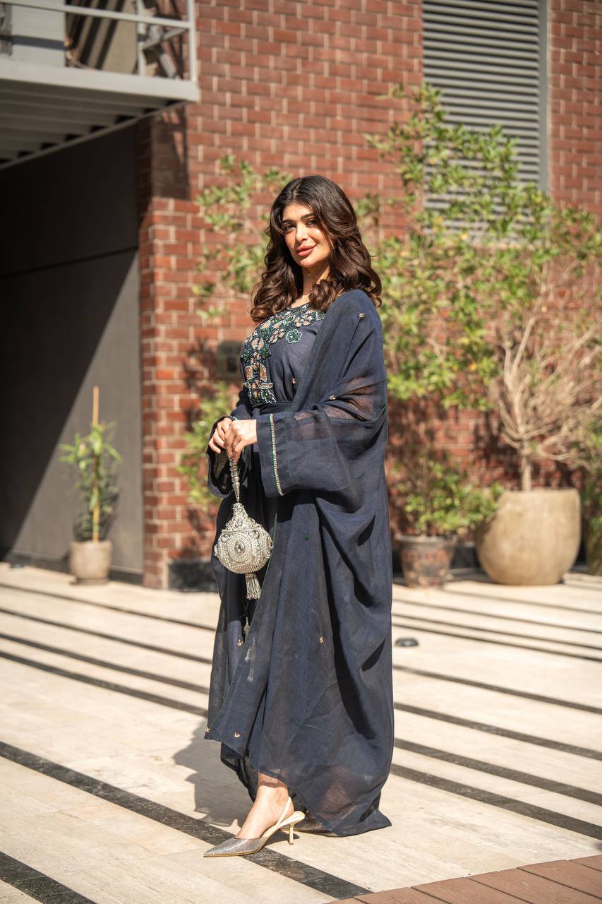 Bisht made of hessian material and linen dress, in navy blue with hand embroidery C:6619