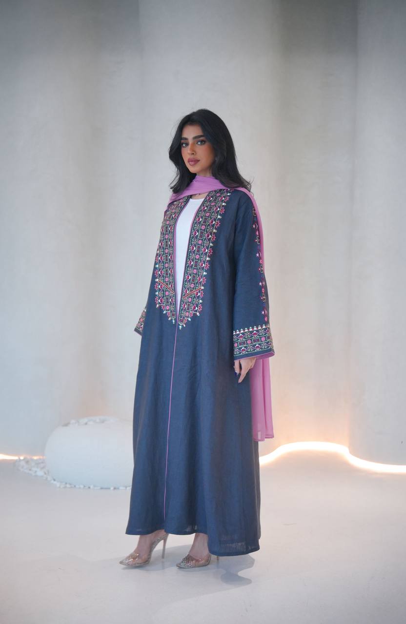 Linen abaya in navy blue with embroidery C:6604