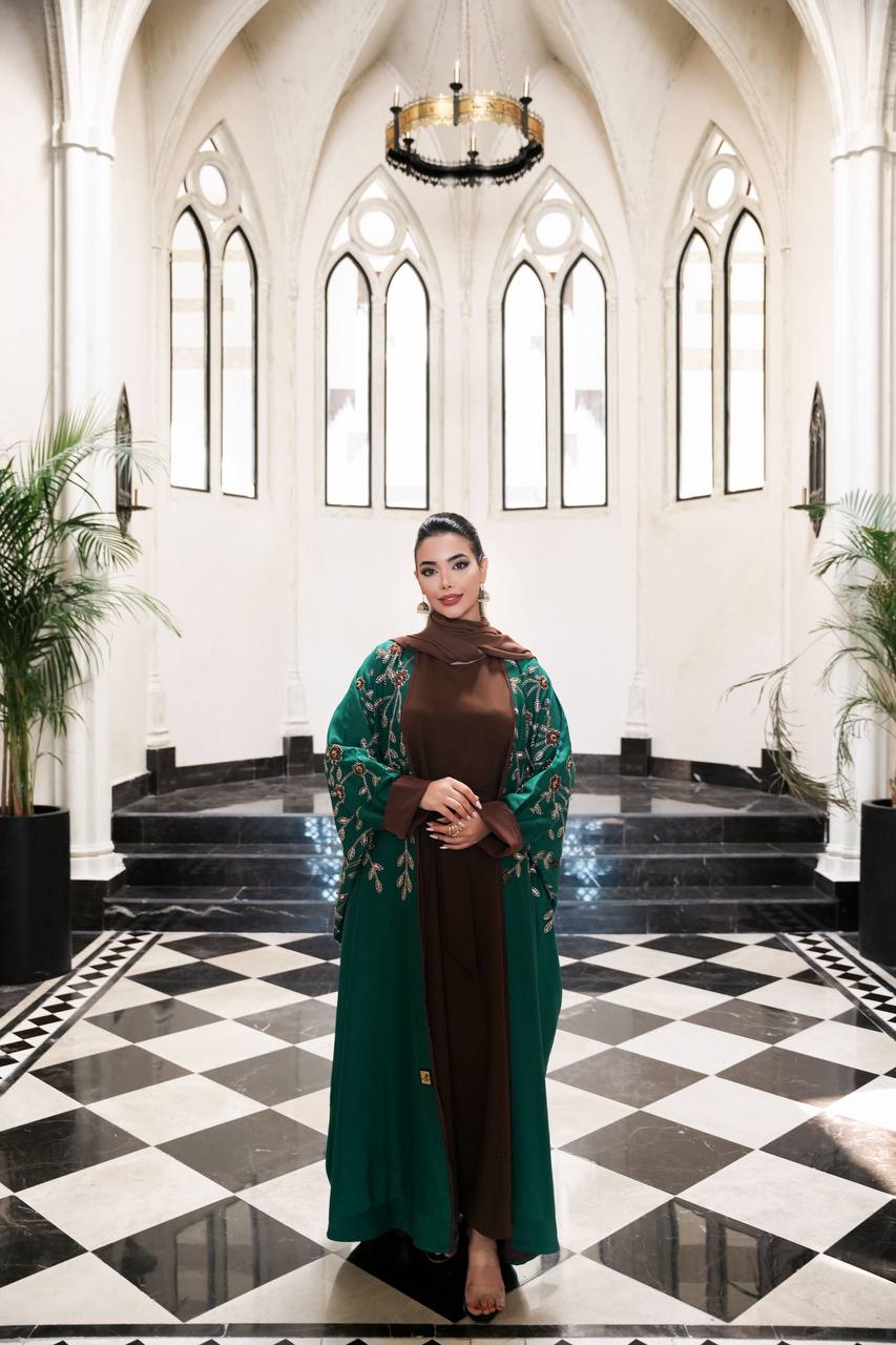 Green linen bisht abaya with embroidery C:6595 Green