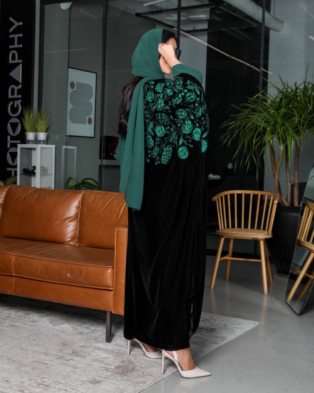 Bisht Abaya Black Embroidered Green 6340 Green (Free size)
