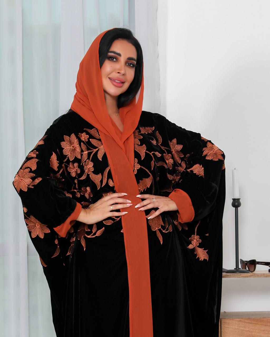 Black Besht Abaya with Orange Embroidered 6340 (Free size)