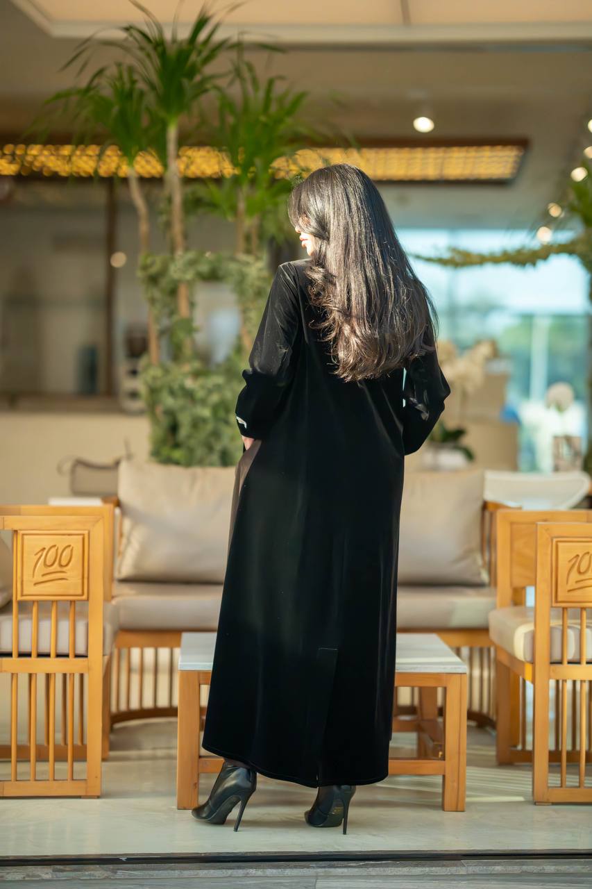 Velvet Abaya Black Crepe and Ribbed Velvet Brown C:6582 Brown