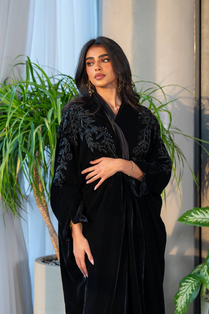 Black velvet bisht abaya with embroidery C:6228 (Free size)