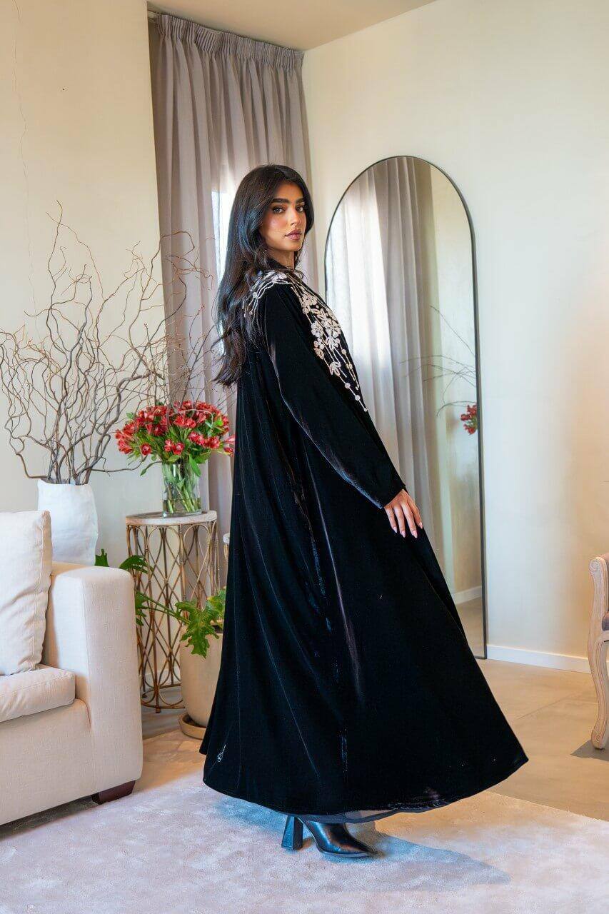 Black velvet abaya with white embroidery C:6570