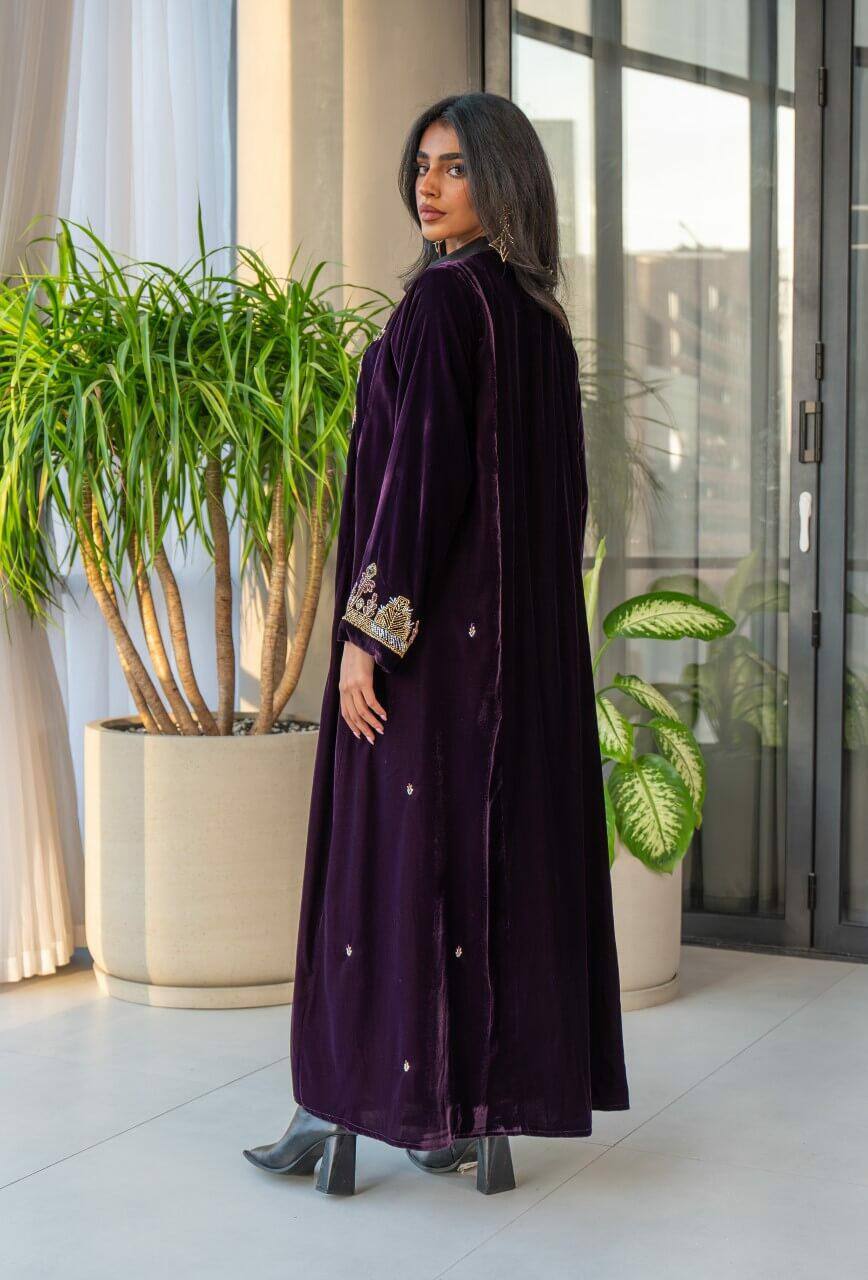 Velvet abaya in purple color with embroidery C:6578 Purple