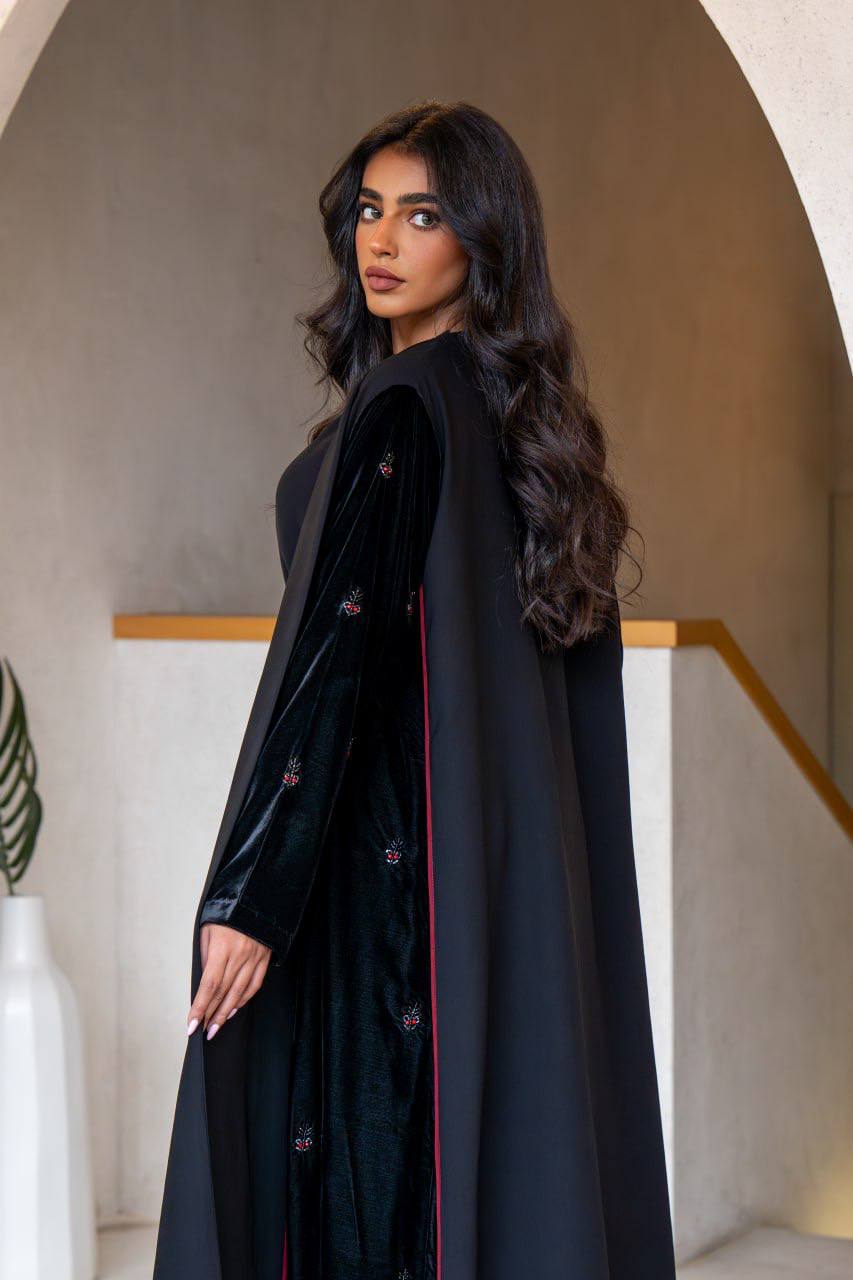 Crepe abaya with black velvet and hand embroidery C:6560 Black