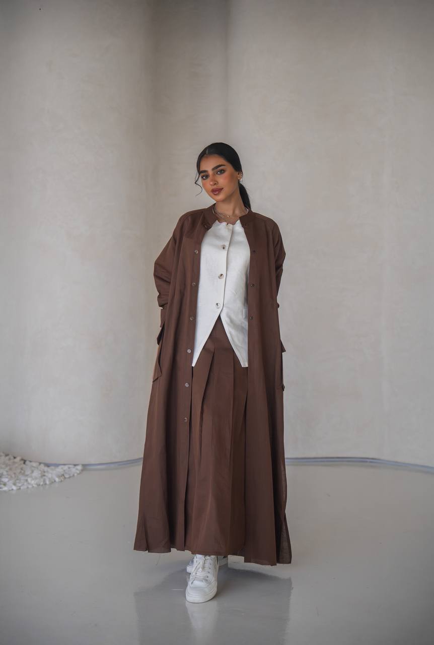 Brown linen abaya with inner set C:6639 Brown