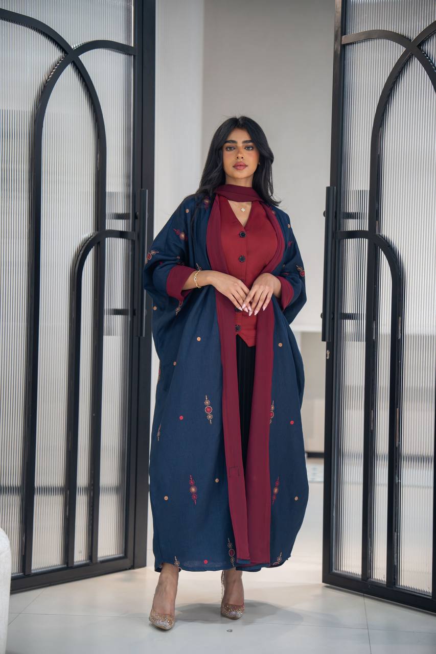 Navy linen abaya with embroidery C:6622