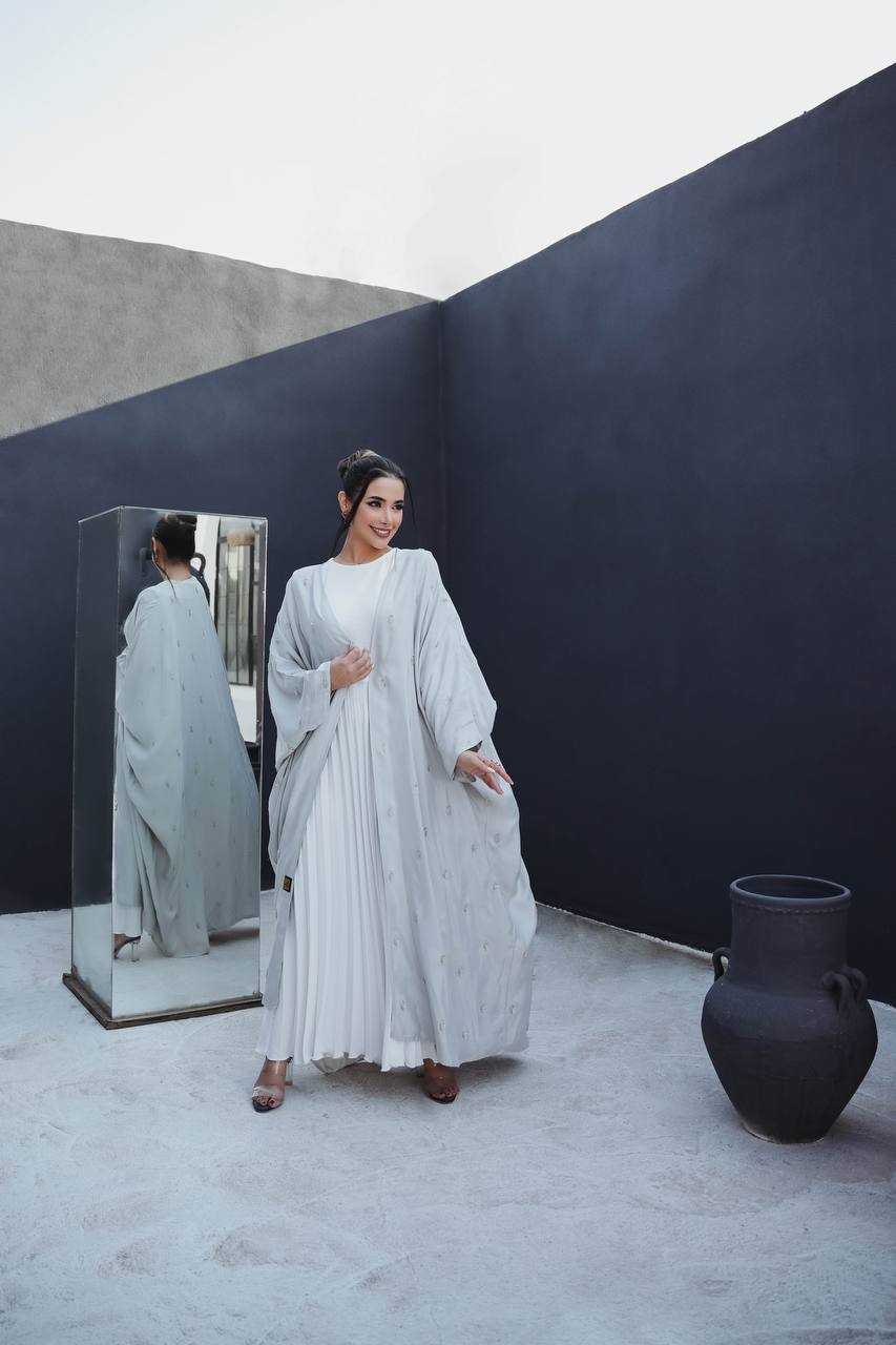 Light beige silk crepe abaya with embroidery C:6387