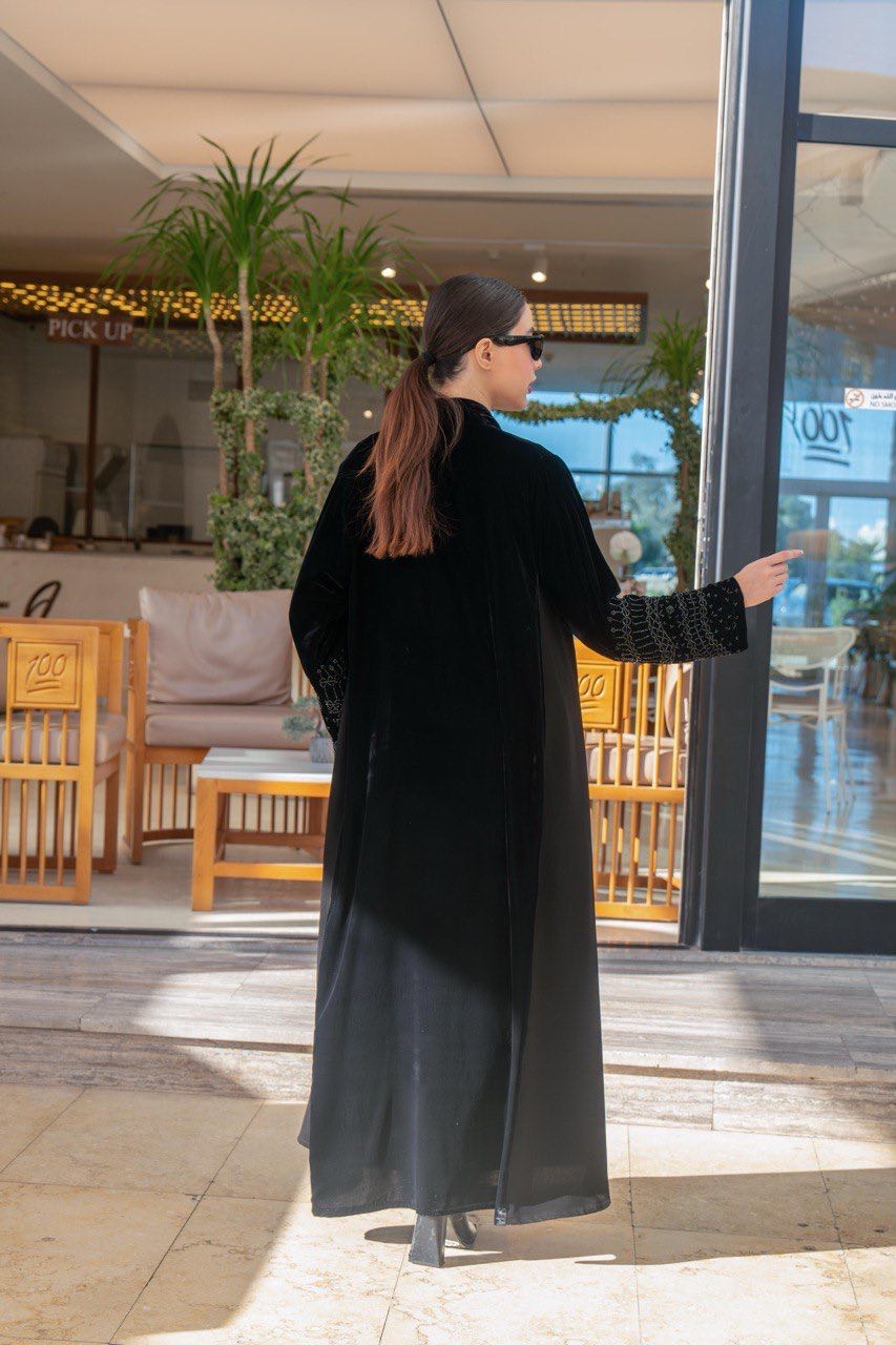 Black velvet and crepe abaya with hand embroidery C:6579 Black