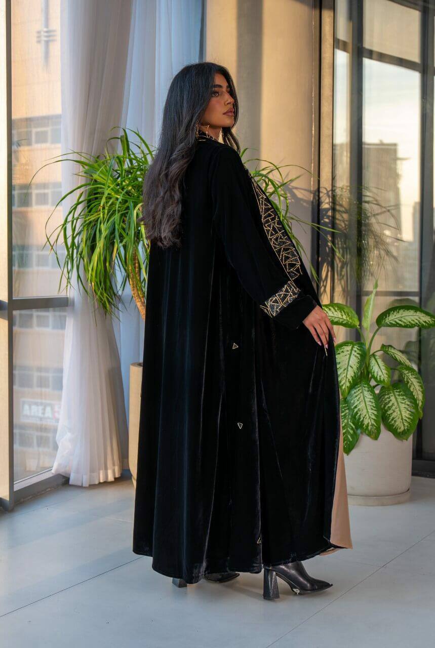 Black velvet abaya with golden embroidery C:6575 Black