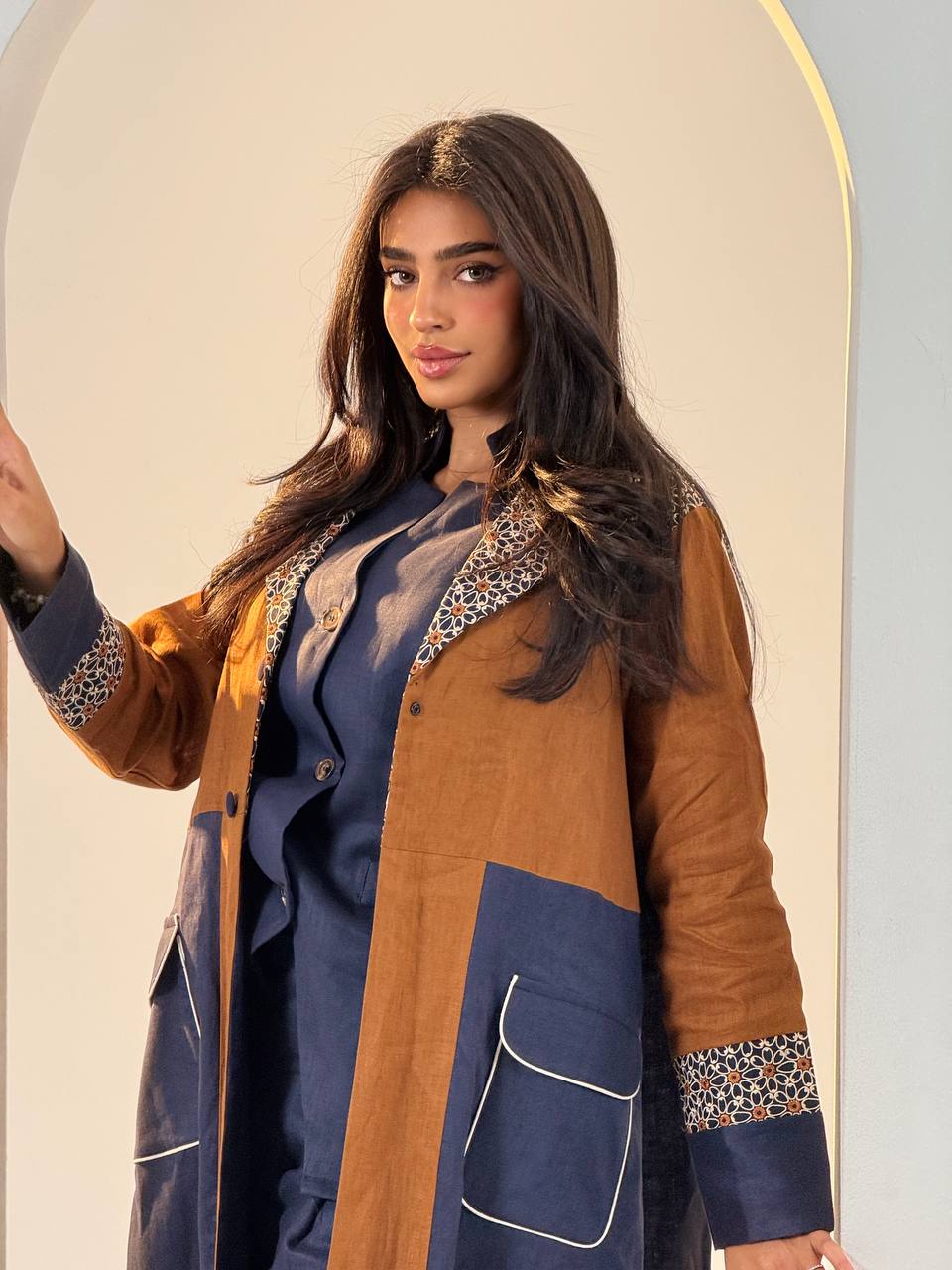 Camel and navy linen abaya with embroidery.C:6692