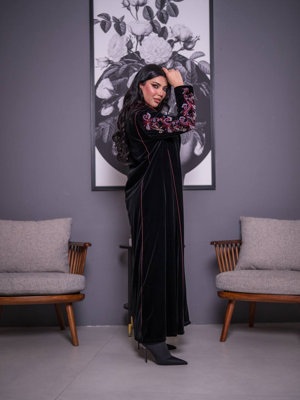 Black velvet blazer abaya with hand-stitched details. C:6735