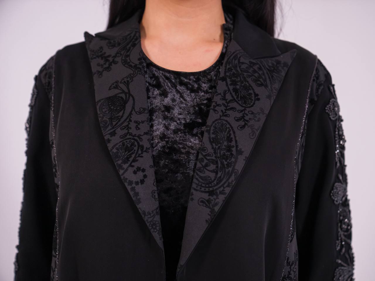 Crepe blazer abaya with black printed crepe and hand-stitched details.C:6733