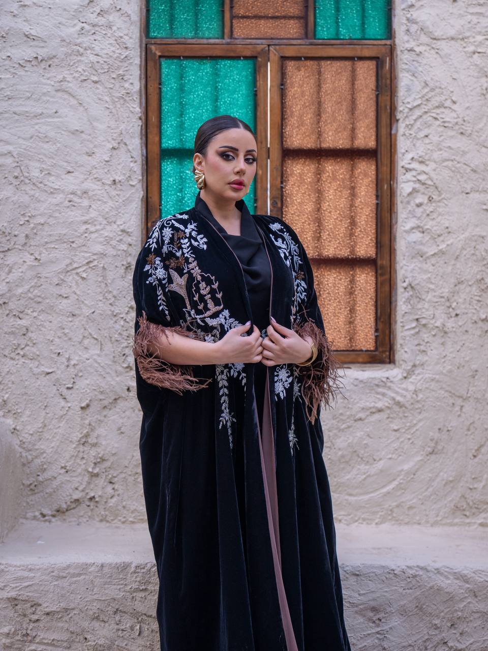 Velvet bisht and jumpsuit set in black with hand embellishment.C:6719