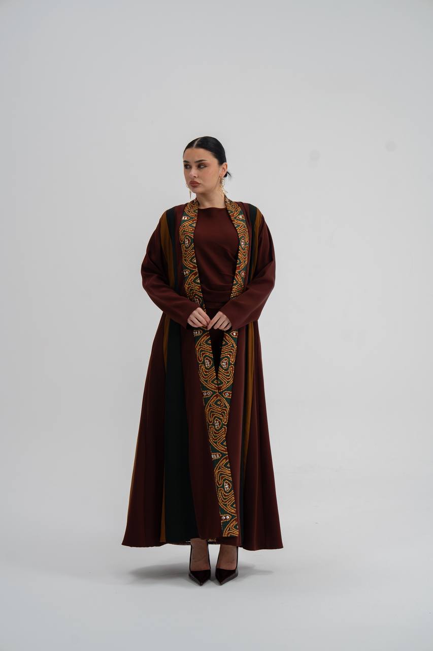 Crepe abaya with linen in brown and camel colors .C:6742