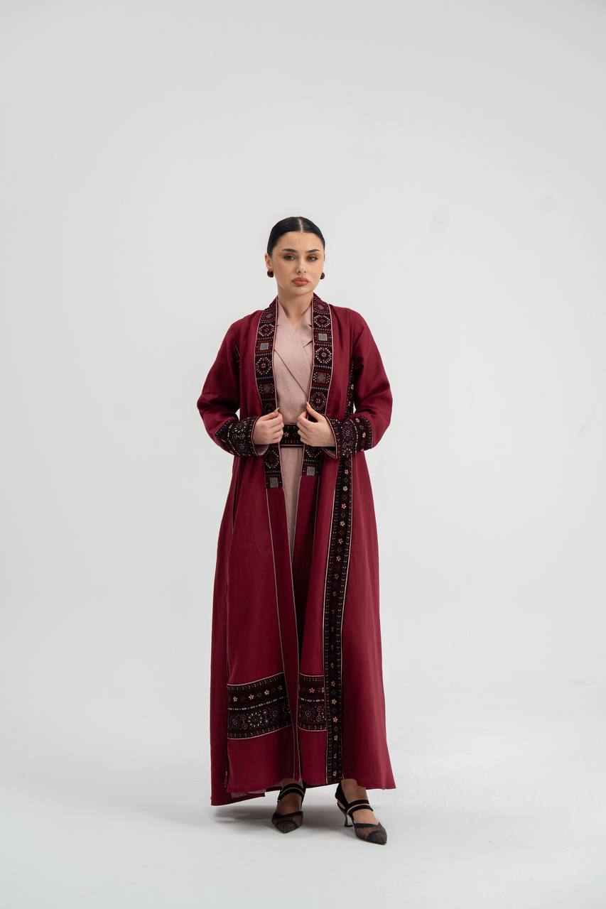 Red linen abaya with embroidery. C:6746
