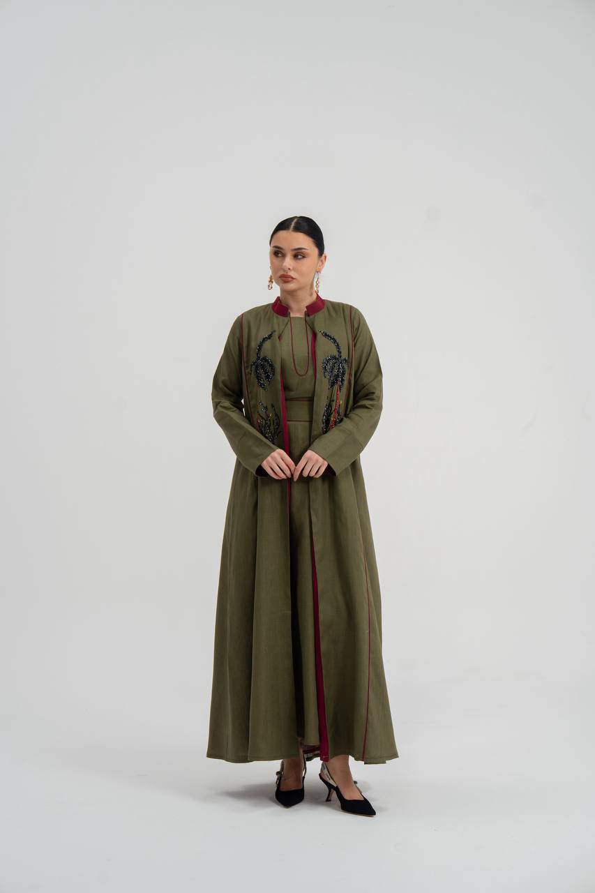 Linen abaya in olive green with hand embroidery (with inner set). C:6748