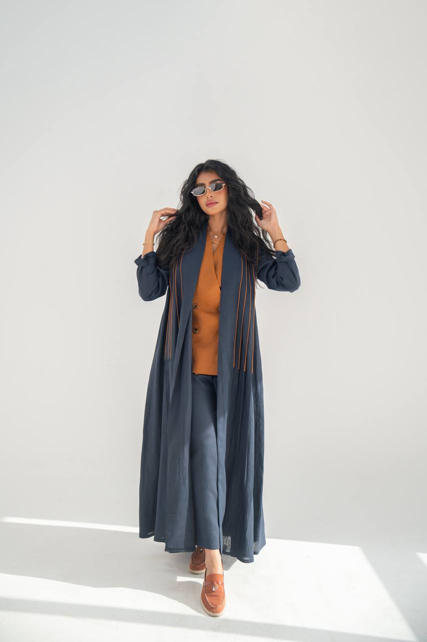 Navy blue linen abaya with inner set C:6637