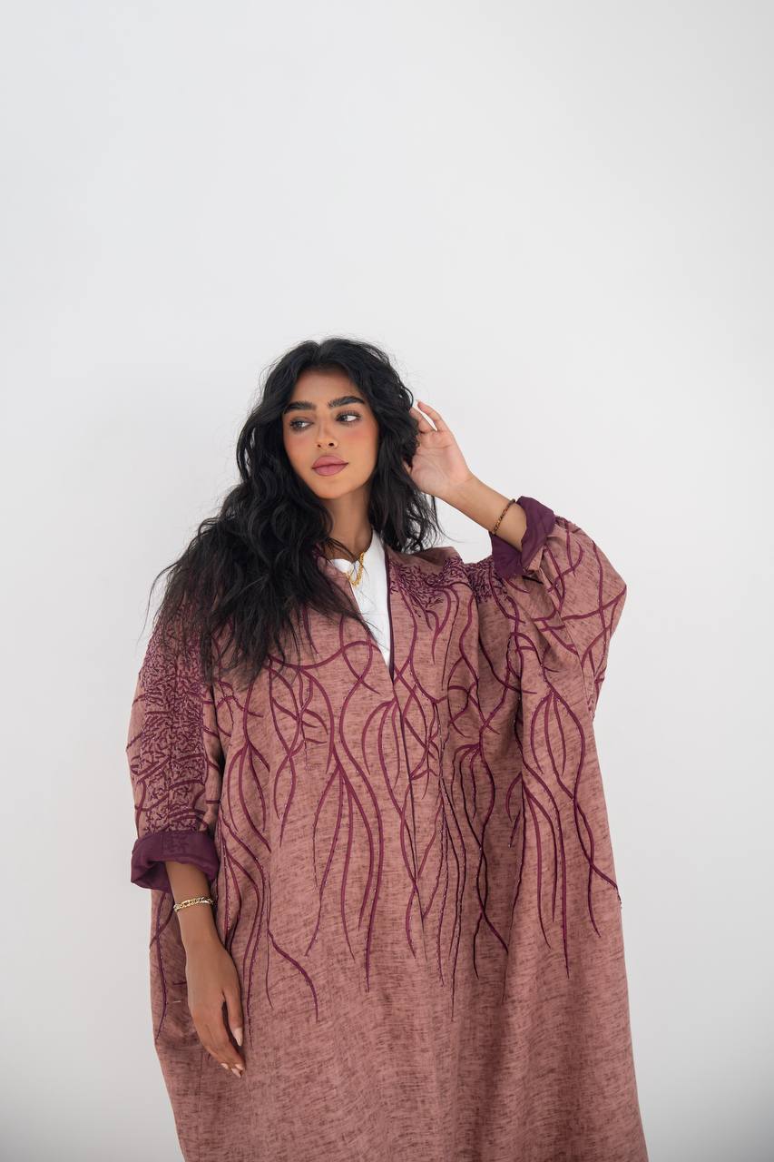 Flesh-colored linen bisht abaya with beading and embroidery C:6648