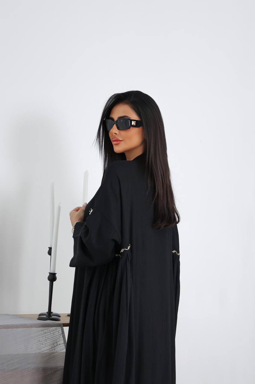 Free size black linen abaya with hand embroidery C:3026 Black (Free size)