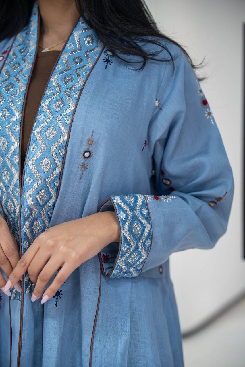 Sky blue linen abaya with embroidery C:6623 Blue