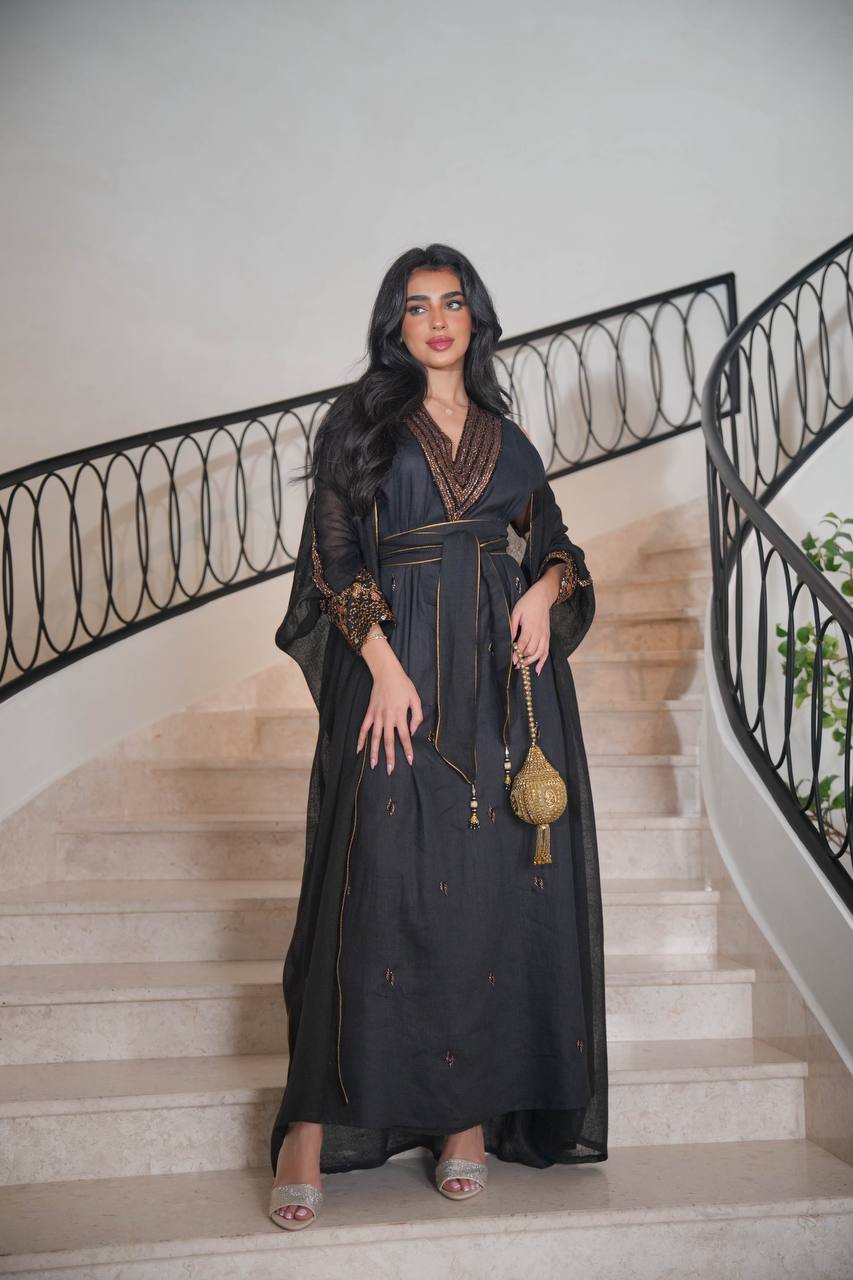 Burlap Bisht with Black Linen Dress with Hand Embroidery C:6613