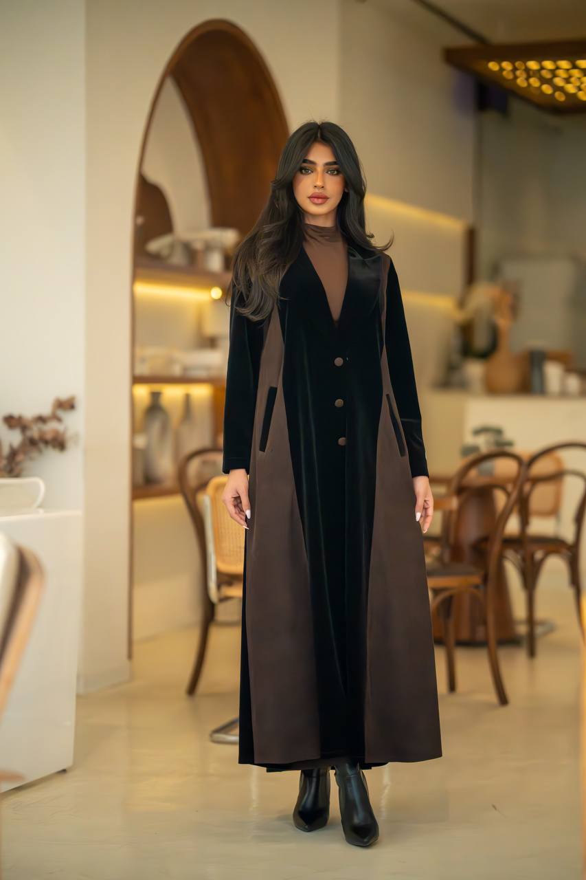 Velvet Abaya Black Crepe and Ribbed Velvet Brown C:6582 Brown