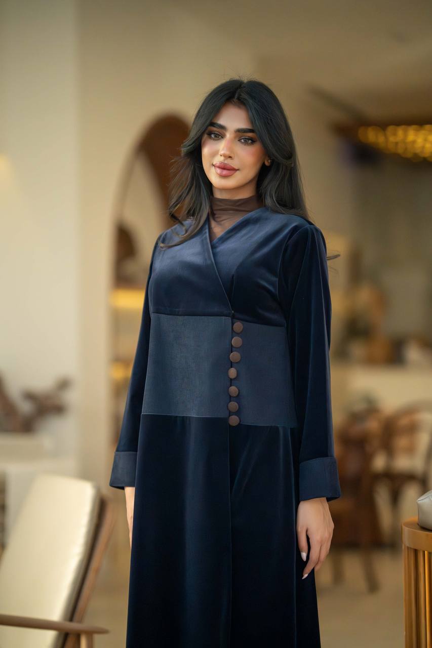 Crepe velvet abaya with ribbed velvet in navy color C:6581