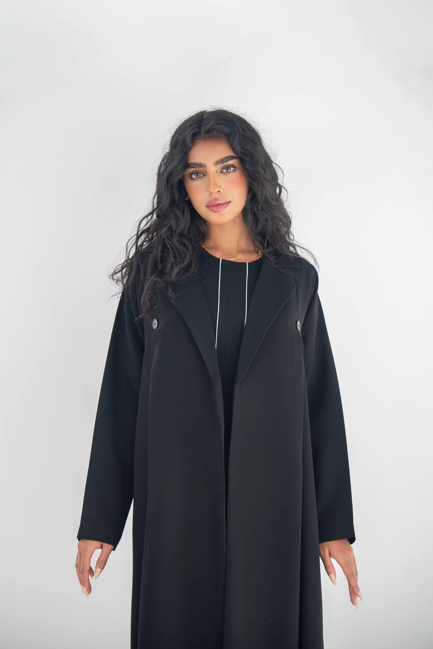 طقم عباية بليزر من الكريب الأسود مع بطانة داخلية، رقم الموديل: 6642، طقم أسود