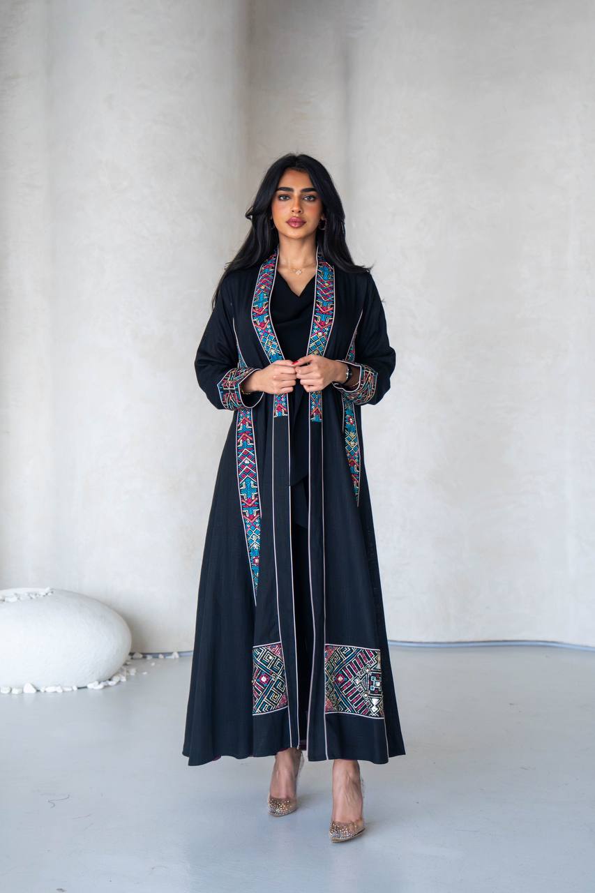 Linen abaya in black with embroidery C:6589 Black