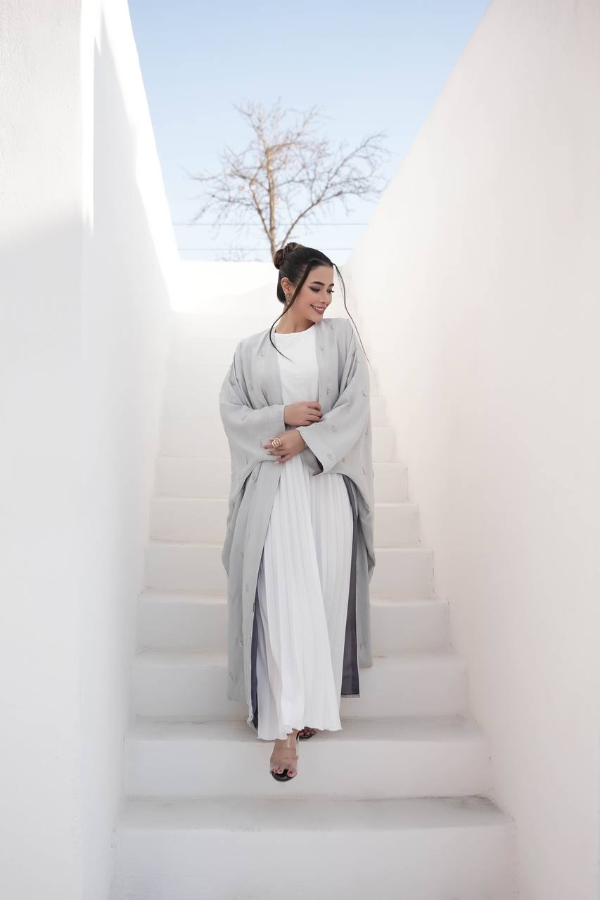 Light beige silk crepe abaya with embroidery C:6387